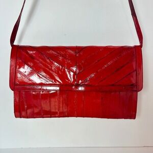 Vintage Red Eel Skin Shoulder Bag Genuine Exotic Leather Chevron Flap 1980s